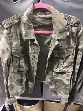 Aeropostale Women's Camouflage Utility Jean Jacket - Green/Tan